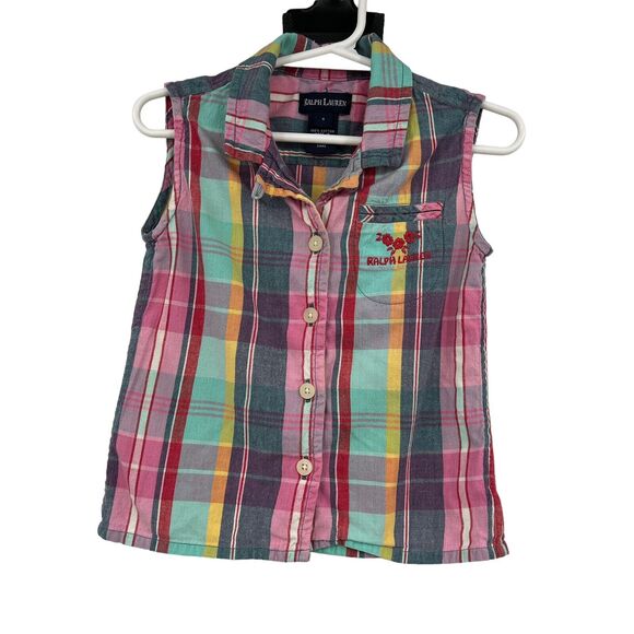 Ralph Lauren Girls Plaid Button Down Sleeveless Embroidered Logo Shirt Sz‎ 4 - Picture 1 of 5